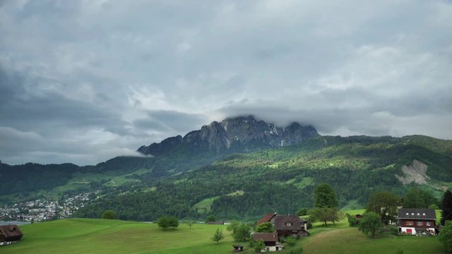 Village Horn, Mount Pilatus, Switzerland, May 13, 2018.  View of Mount Pilatus, clouds float near the mountain. Time Lapse video of Mount Pilatus.