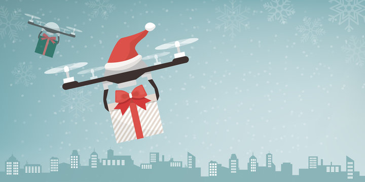 Drones with Santa's hat delivering Christmas gifts