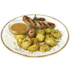 Potato with sausage on a white background
