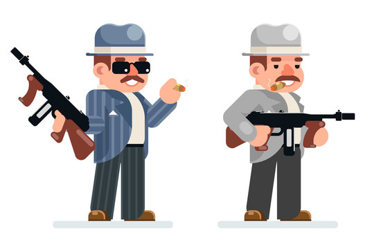 Gangster dangerous retro criminal submachine gun thug prohibition mafia character icon flat design vector illustration