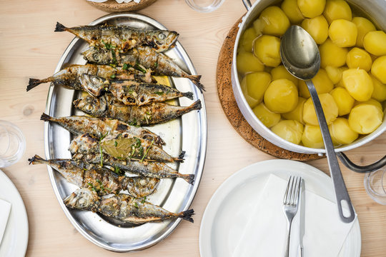Silver tray full of delicious fish mackerel known as carapau in Portugal