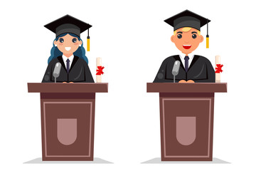 Graduate boy and girl solemn tribune speech character flat design vector illustration