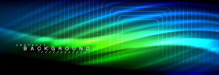 Neon glowing fluid wave lines, magic energy space light concept, abstract background wallpaper design