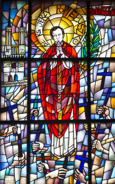 Chełm, Poland, 10 September 2018: Stained glass window with the image of the blessed priest Jerzy Popieluszko in the window of the church, the shrine of the Mother of God in Chełm