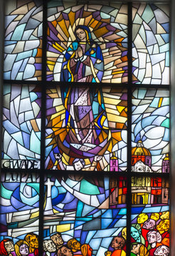 Chelm, Poland, 10 September 2018: Stained glass with the image of Mary in the window of the church, the shrine of Our Lady in Chelm