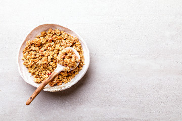 Granola Cereal bar on Background Breakfast  Healthy Food sweet dessert snack. Diet Nutrition Concept.Vegetarian food. Flat Lay.Top View. Copy space