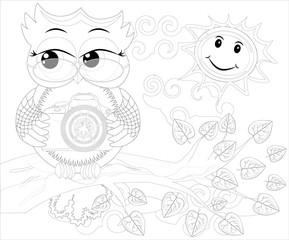 Doodles design of a photographer owl taking photo. coloring book for adult, card,poster,banner