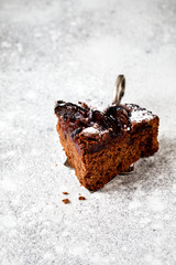 Slice of Chocolate Cake with Plum Powdered Sugar on the Stone Background. Copy space for Text.
