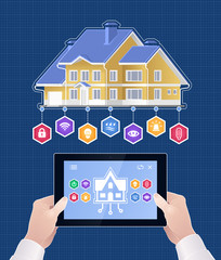 Smart Home Control via Mobile App. Holding by a man's hands tablet PC below the project of a modern house. Illustration on the subject of 'Modern Technologies'.