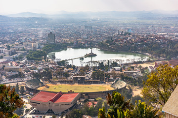 Antananarivo city view, capital of Madagascar. Tanarivo is a city of 3 million Madagascarians, who often farm rice and other crops. Villagers living nearby Antananarivo.