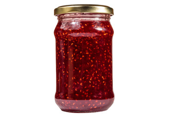 Raspberry jam in glass jar isolated on white background