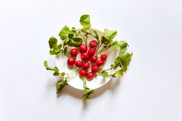Radishes grouped in a white plate viewed from above. Flat lay white background, studio.