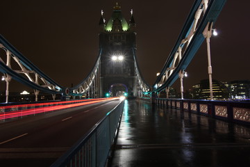 Fototapeta na wymiar Tower Bridge in London during a cloudy winter evening. Long exposure