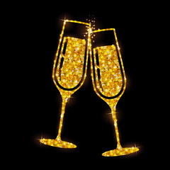 Champagne glass vector icon. Golden sparkle champagne glasses on black background
