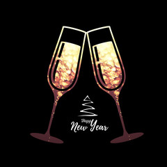 Champagne glass vector icon with golden sparkle background inside