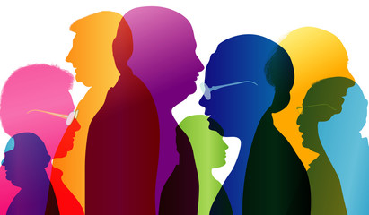 Dialogue between old people. Group of old people talking. Conversation in mature age. Colored silhouette profile. Multiple exposure