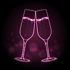 Neon sign of champage glass on pink background. Champagne silhouette