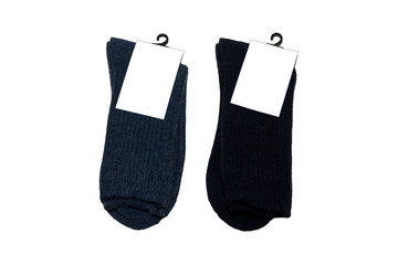 A pair of warm woolen socks on a white background. Isolated