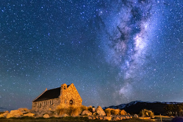 Milky way over Church of Good Shepherd, Lake Tekapo, New Zealand