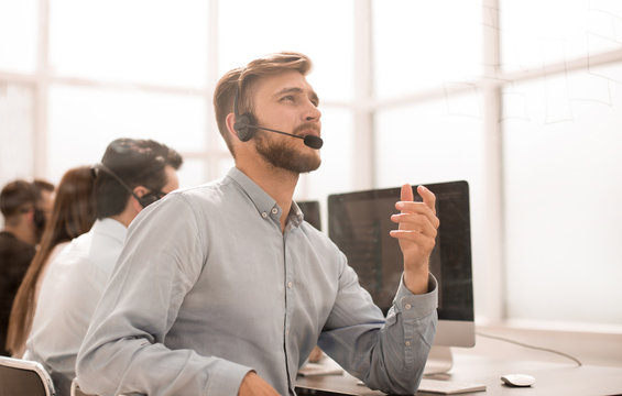 background image call center employees communicate with customers