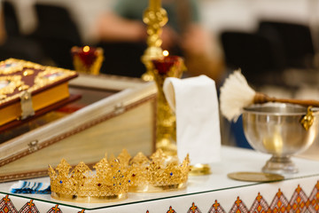 Church interior, crowns for wedding ceremony in church
