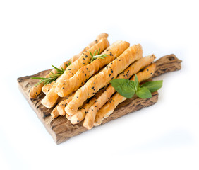 Italian grissini sticks on white background