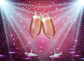 Realistic vector illustration of champagne glasses on holiday pink disco background