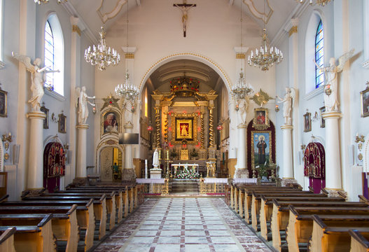 Kalkow-Godow, Poland, September 7, 2018: Sanctuary of Our Lady of Sorrows. The interior of the church.