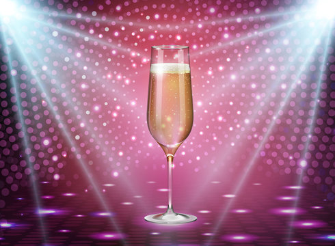 Realistic vector illustration of champagne glass on holiday blue pink background