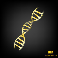 DNA Icon Structure Molecule Science and Biology Logo Symbol in Gold Metallic Modern Design on Black Background - Vector Illustration