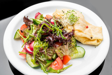 Savoury Buckwheat Pancakes with Cherry Tomatoes, Rocket Salad, Spinach, Parma Ham,