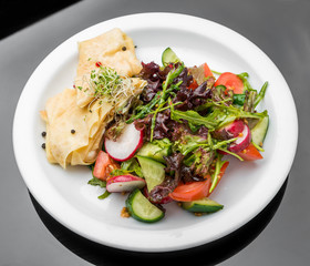 Savoury Buckwheat Pancakes with Cherry Tomatoes, Rocket Salad, Spinach, Parma Ham,