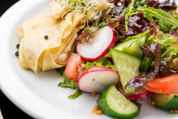 Savoury Buckwheat Pancakes with Cherry Tomatoes, Rocket Salad, Spinach, Parma Ham,