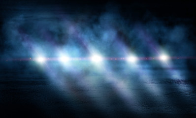 Background of an empty dark room. Empty walls, lights, smoke, glow, rays