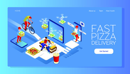Fototapeta na wymiar Couriers delivered hot pizza. A man on a bicycle, a boy on a gyro board. Drones delivering. Isometric 3d