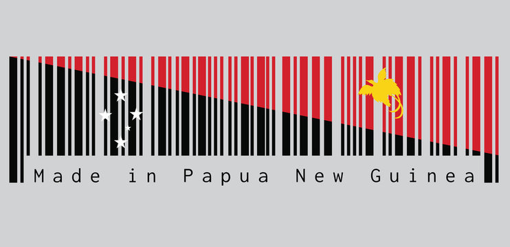 Barcode set the color of Papua New Guinea flag, triangle red with the soaring Raggiana Bird of Paradise and triangle black with the Southern Cross of star. text: Made in Papua New Guinea.