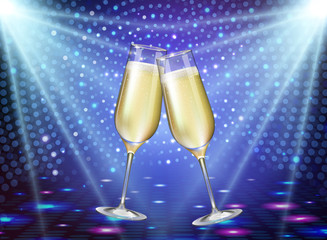 Realistic vector illustration of champagne glasses on holiday blue disco background