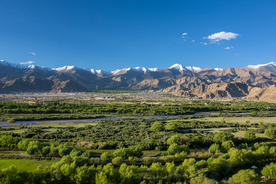 Beautiful panorama of Leh city and green Indus valley in Ladakh, Jammu and Kashmir, India.