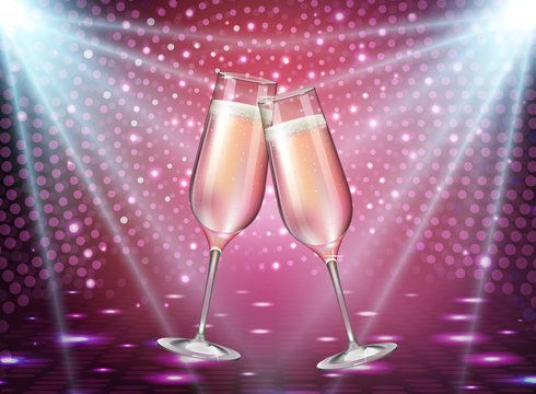 Realistic vector illustration of champagne glasses on holiday pink disco background