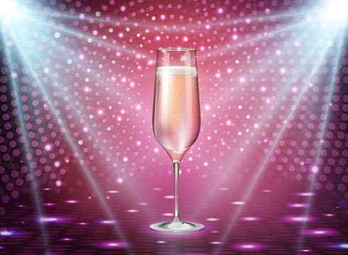 Realistic vector illustration of champagne glass on holiday pink disco background