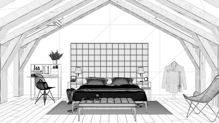 Interior design project, black and white ink sketch, architecture blueprint showing contemporary bedroom, attic loft, classic architecture