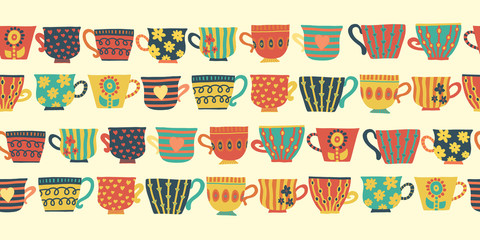 Tea cups vector seamless pattern border beige. Tea cups, teapot, spoons, cupcakes. Hand drawn mug illustration. Retro print for packaging, fabric, menu, cafe, bakery, tea party, cards, winter