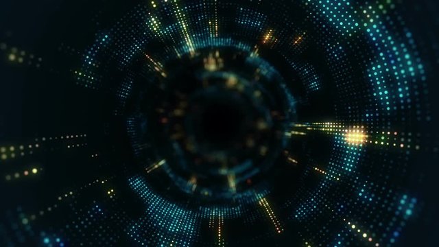 Animation of flying into digital technologic tunnel from glowing and flickering particles. Animation of seamless loop.