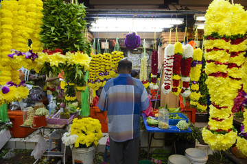 Colorful garlands flower selling in the market stalls in Brickfields Little India © brostock