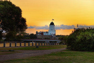 Vyborg castle at sunset, Vyborg Bay, Leningrad Region, Russia. August 2018. Historical landmark of Vyborg.