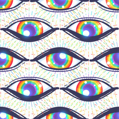 Seamless pattern with rainbow colored eyes. Flag of LGBT community inside eyeball. Vector illustration for textiles, fashion, prints