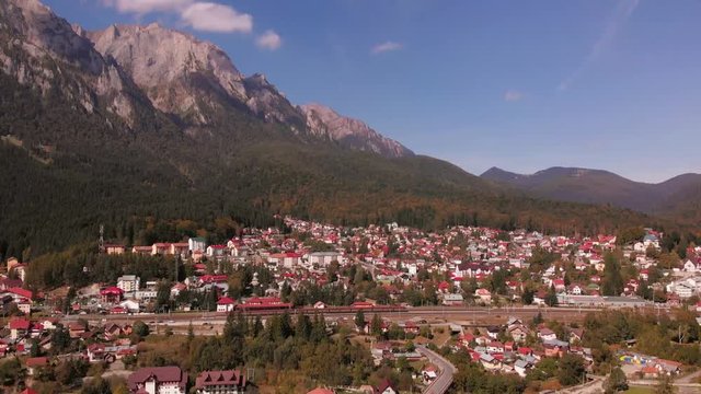 Aerial view of of Cantacuzino castle in Busteni ski resort, Prahova valley. Bucegi mountain, part of Carpathian mountains. Brasov region in Transilvania, Romania. 