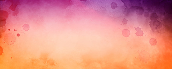 watercolor background design with paint spatter drips and drops on watercolor paper in orange with dark purple and pink border