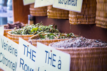 Large wicker baskets with dried flowers on the market in the medina of Marrakesh. Africa Morocco
