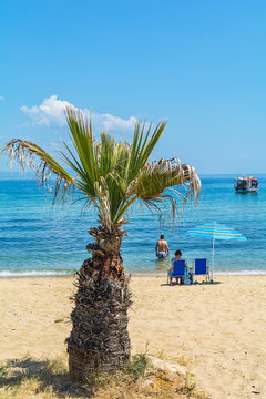 Olympiada, Greece - August 18, 2018: Beach of Olimpiada town at Chalkidiki, Greece